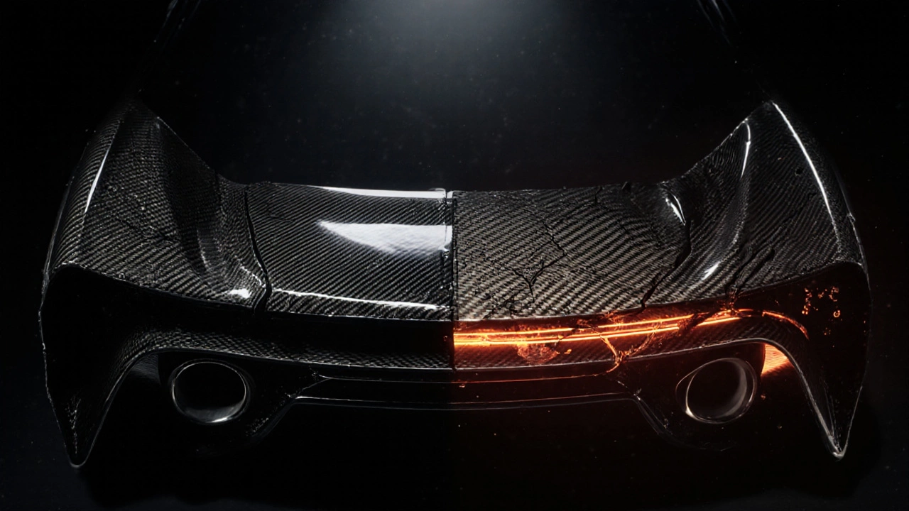 Split image of pristine vs. damaged carbon fiber spoiler under heat and moisture stress.