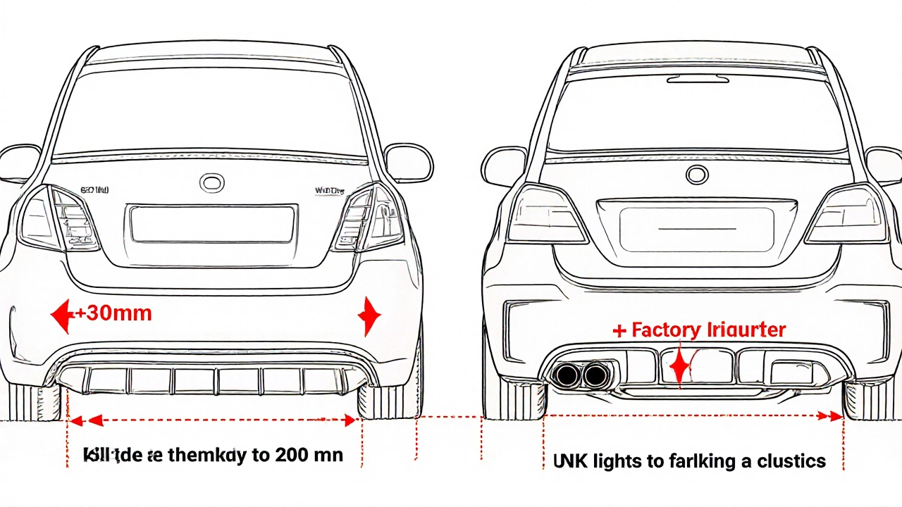 Technical side-by-side comparison showing a car&#039;s original dimensions versus an illegal body kit modification.