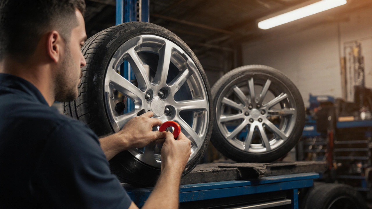 Technician testing a wheel with a magnet, observing weak attraction on alloy surface.