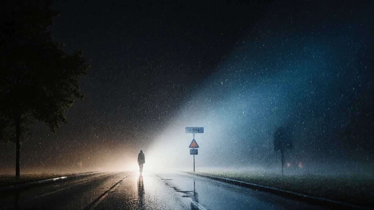 Warm 4500K LED light clearly illuminating road in rain versus harsh blue 6000K light causing glare.