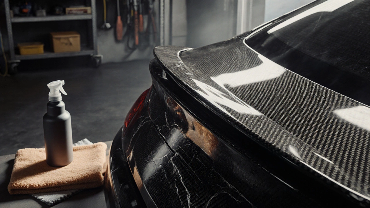 Well-maintained carbon fiber spoiler beside a degraded one, with cleaning supplies nearby
