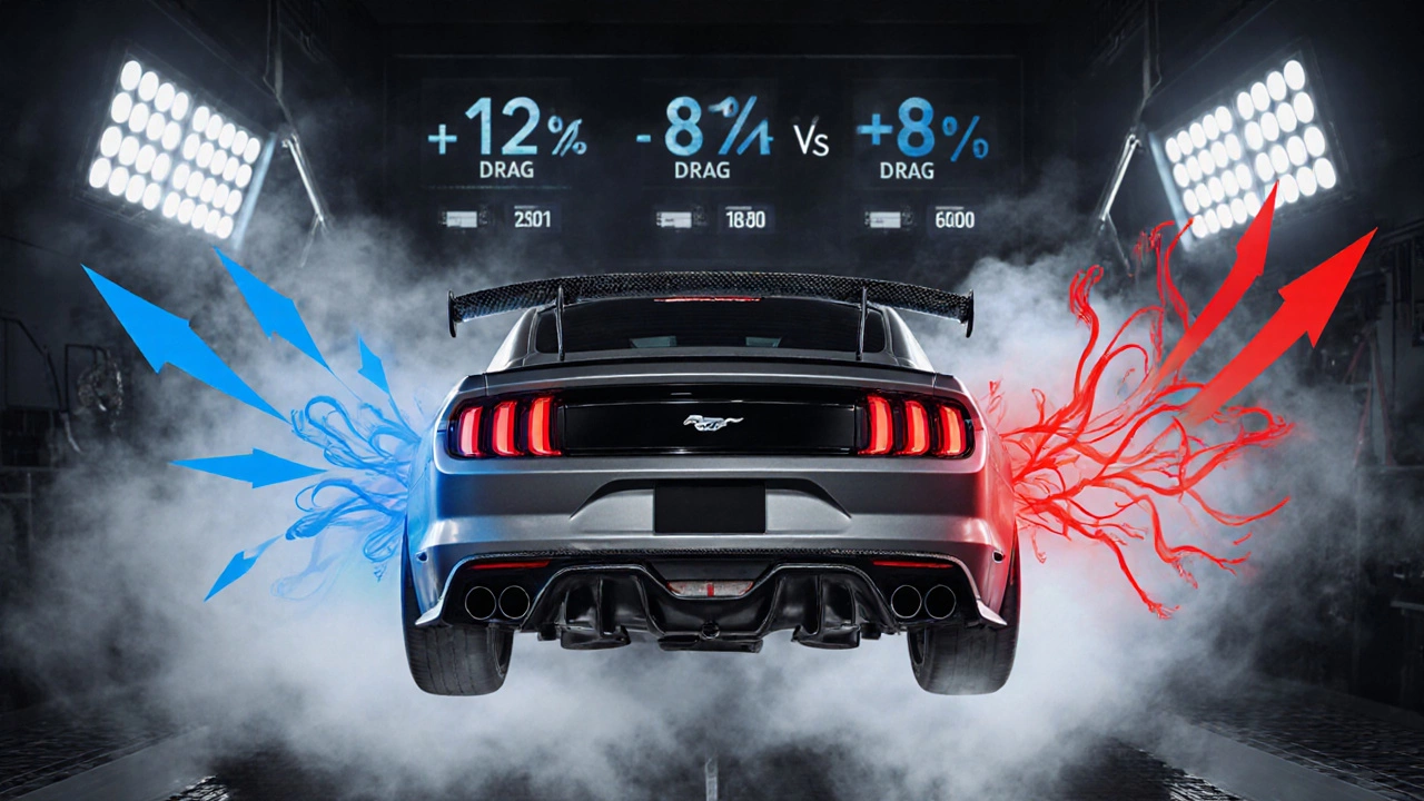 Wind tunnel test comparing effective and ineffective spoilers on a Ford Mustang.