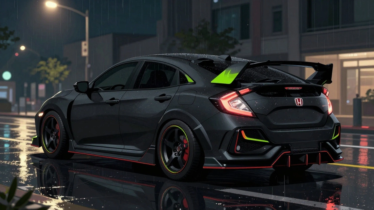 A matte black Honda Civic with neon green accents parked at night, reflecting streetlights on its custom body kit.