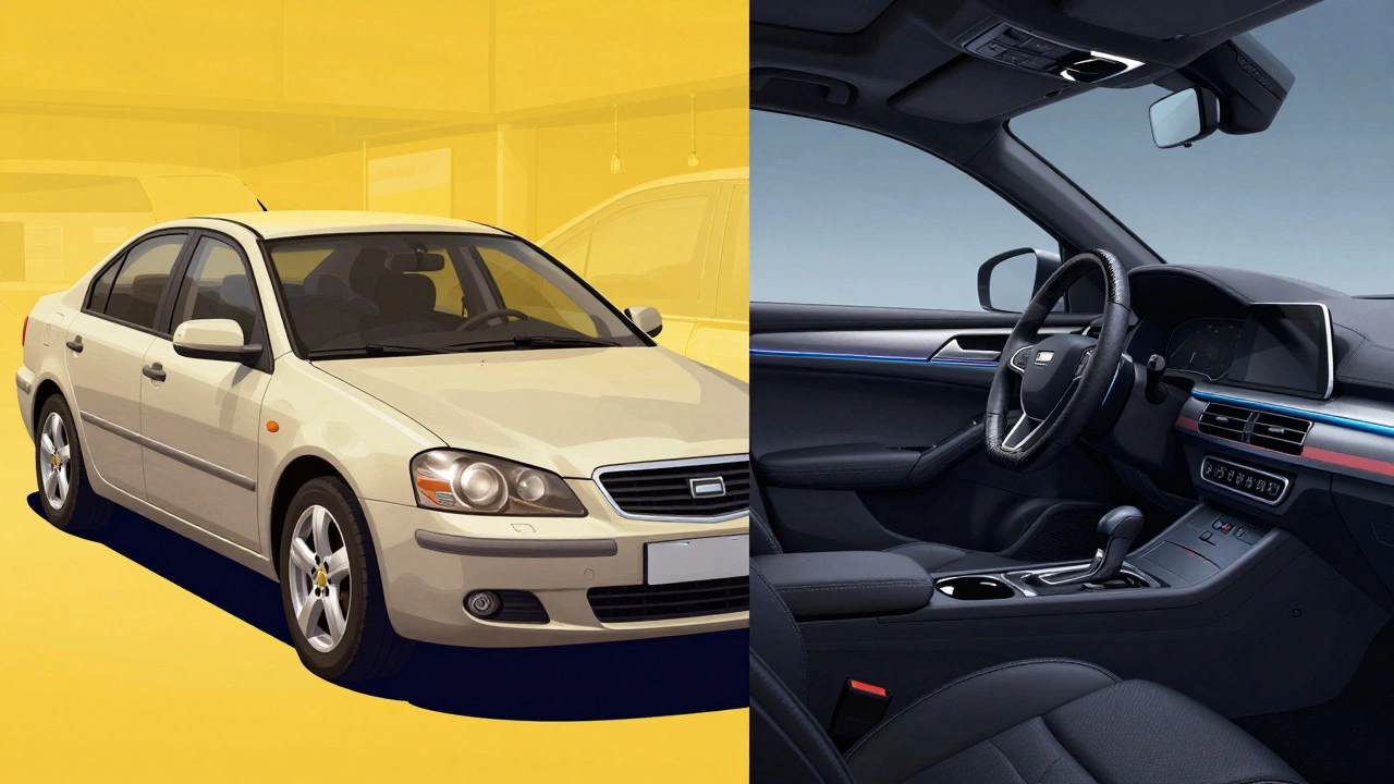 Before-and-after car interior transformation: dated vs. modern cabin design.