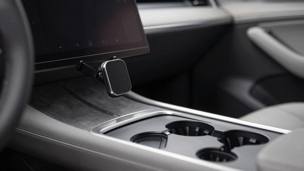 Clean center console with brushed aluminum trim and hidden storage, no clutter visible.
