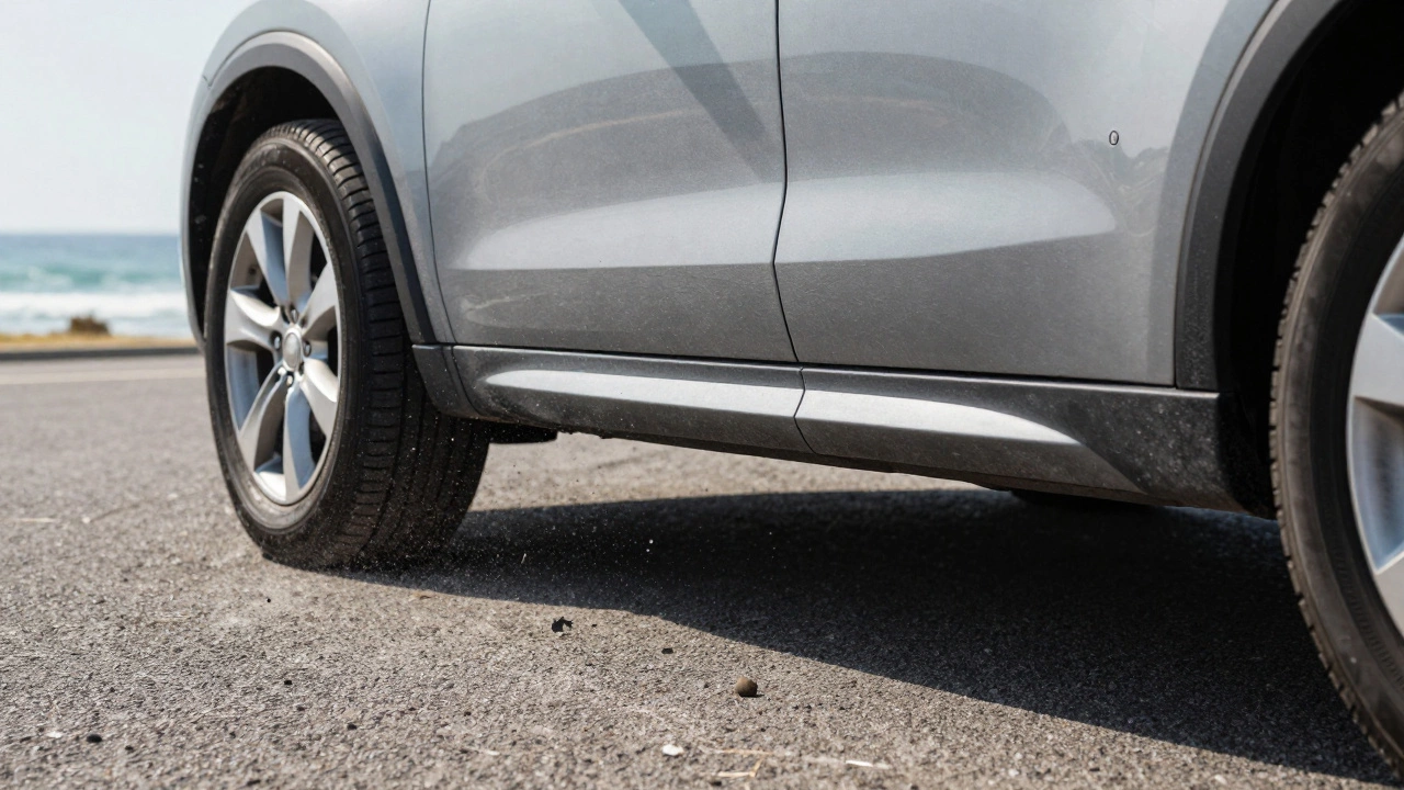 Close-up of a car&#039;s side skirt protecting the original bumper from road debris and salt spray.