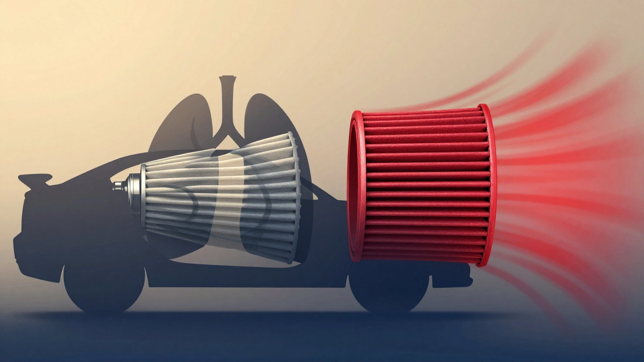 Conceptual lung-like intake system comparing muffled paper filter to vibrant, sound-emitting K&amp;N filter.