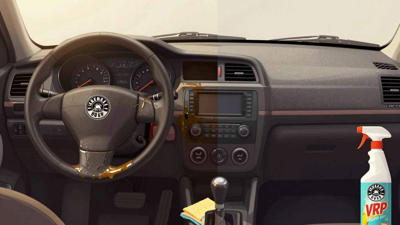 Cracked sticky dashboard vs. pristine protected dashboard side by side.