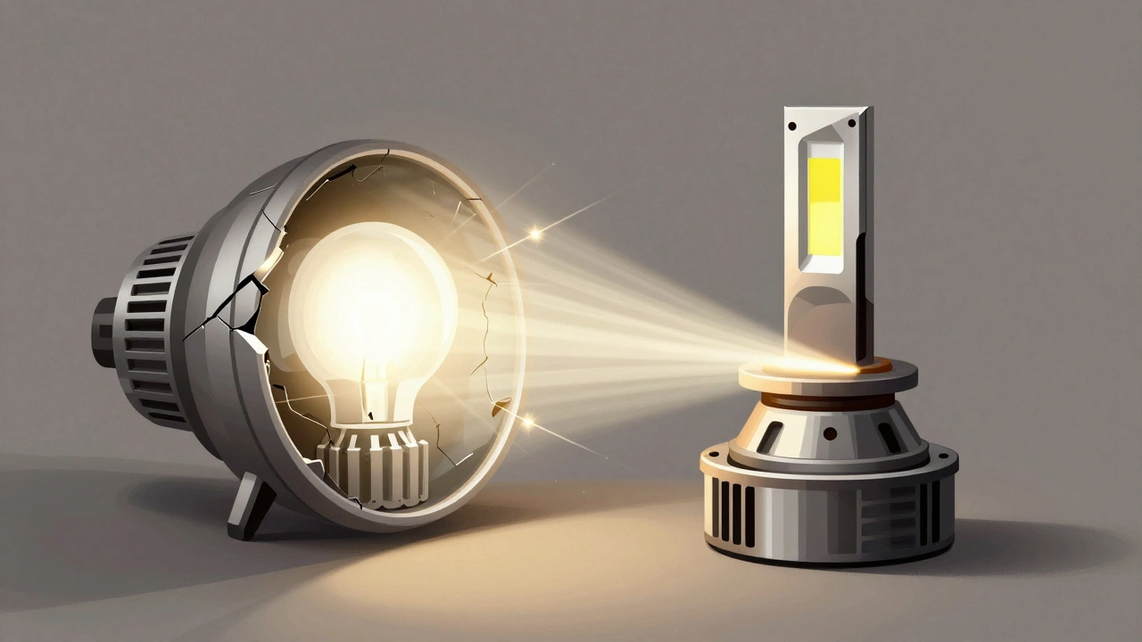 Cross-section comparing chaotic LED light in halogen housing vs. precise factory LED beam.