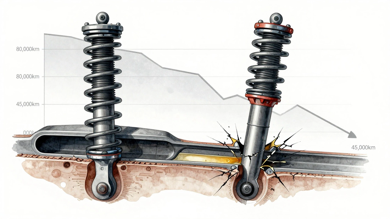 Cross-section of a suspension system showing damaged shock from lowered springs.