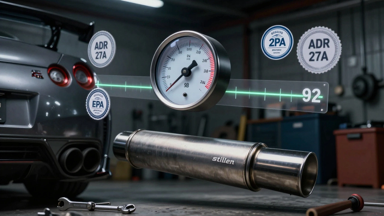 Decibel meter showing 94 dB next to racing exhaust, legal limit line barely above it.