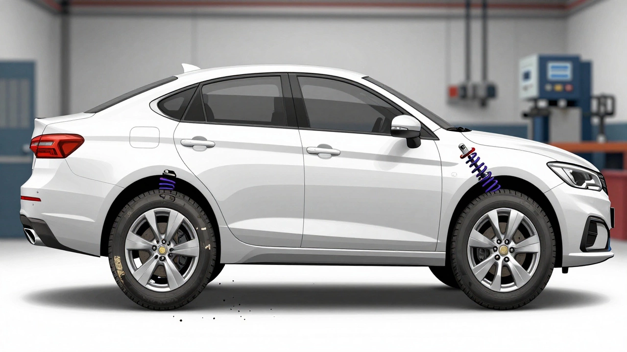 Diagrammatic side view of a car&#039;s suspension with altered camber angles and uneven tire wear from lowering springs.