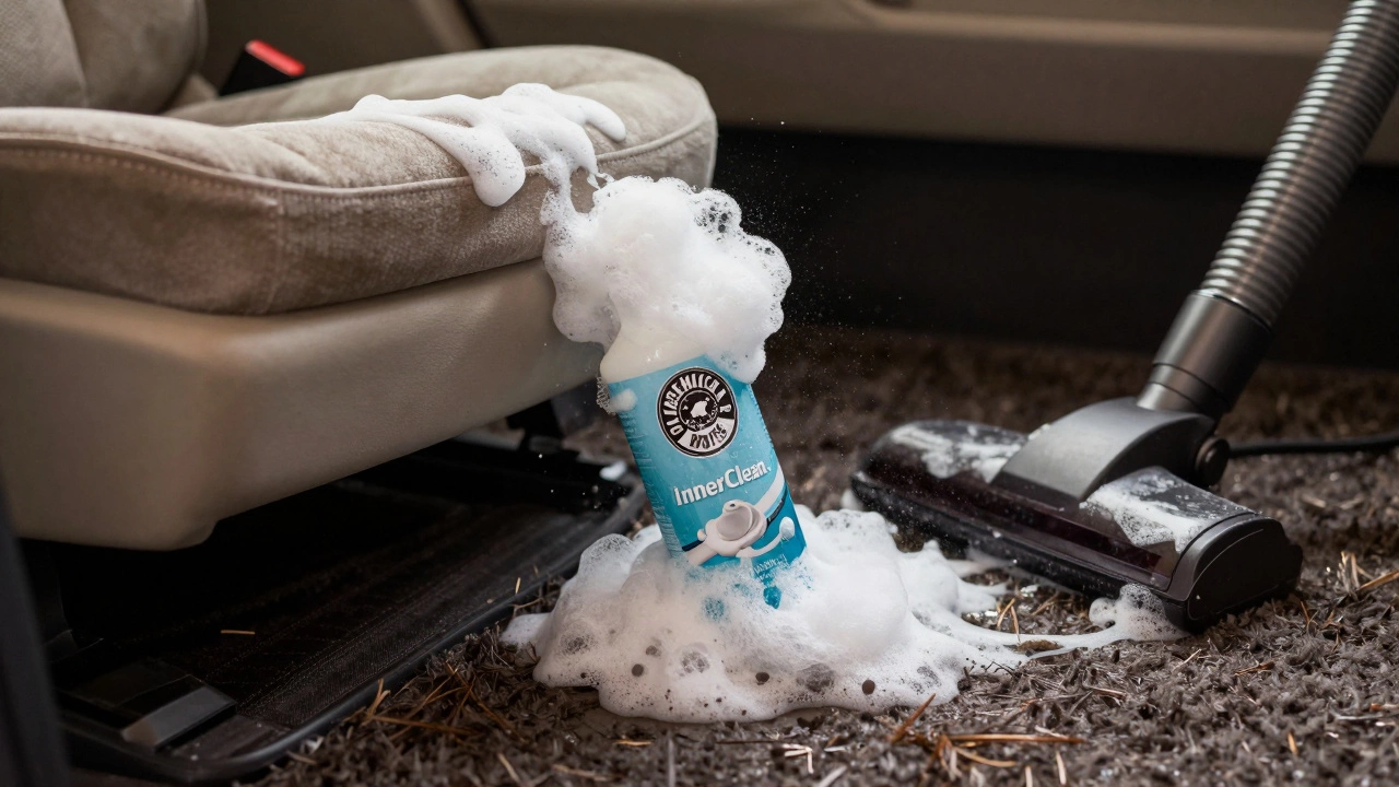 Foam cleaner lifting dirt from fabric car seat without soaking.