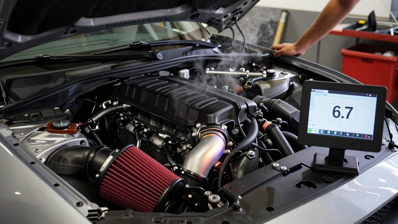 Ford Mustang GT engine bay with open airbox showing red K&amp;N filter and dyno screen displaying small power gain.