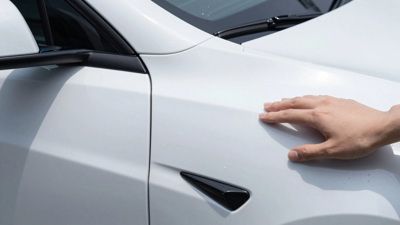 Hand gliding over a Tesla Model 3 door jamb, showing smooth finish and water beading.