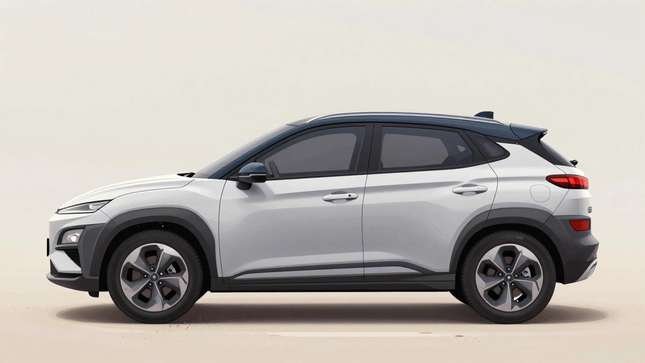 Hyundai Kona Electric with dark matte roof and no trim, dust barely visible on its surface.