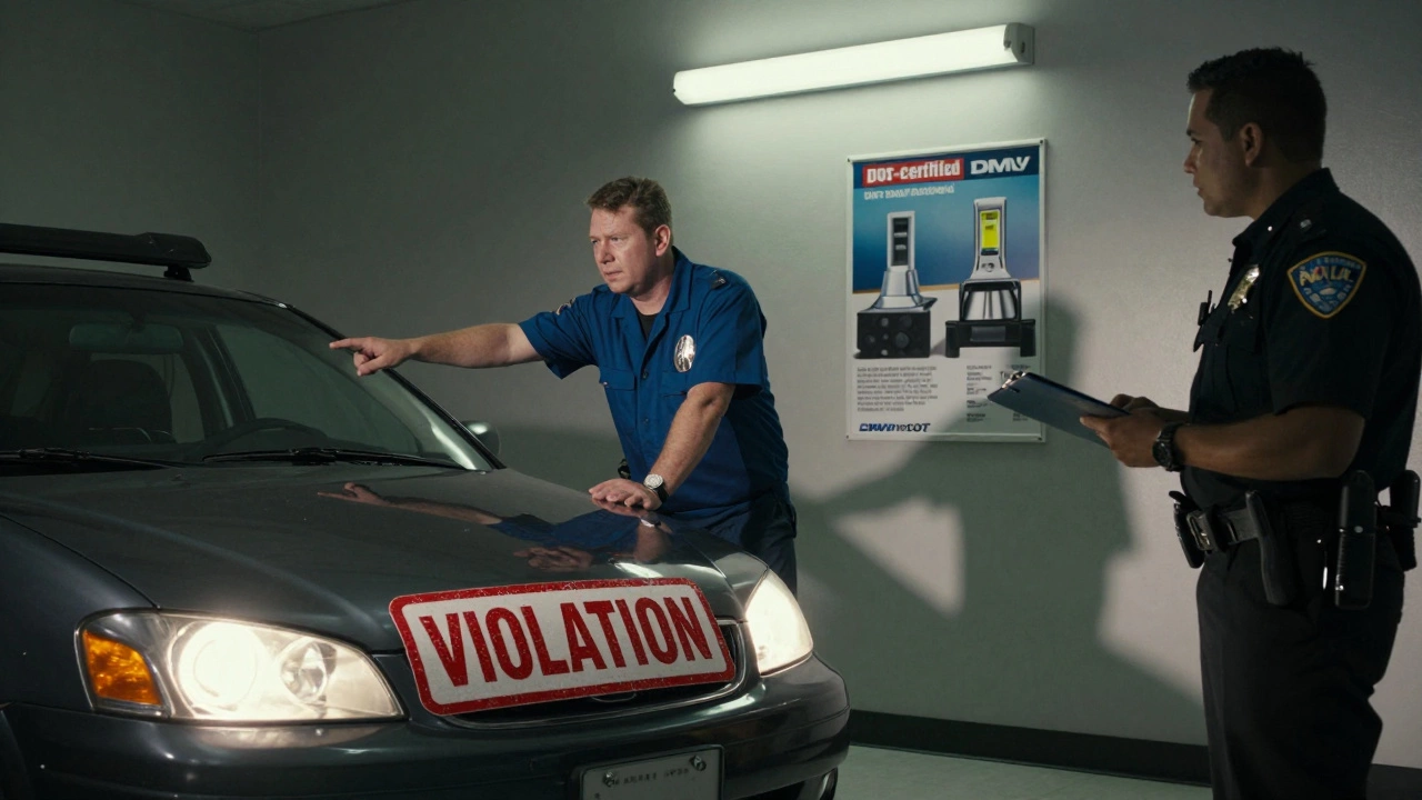 Mechanic and officer inspecting illegal LED headlights at a DMV inspection.