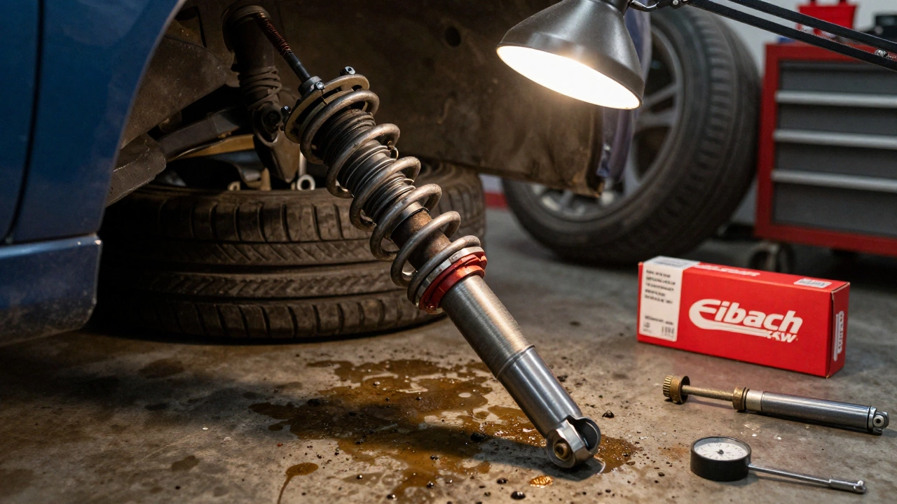 Mechanic holding a failed shock absorber in a workshop with replacement kit nearby.