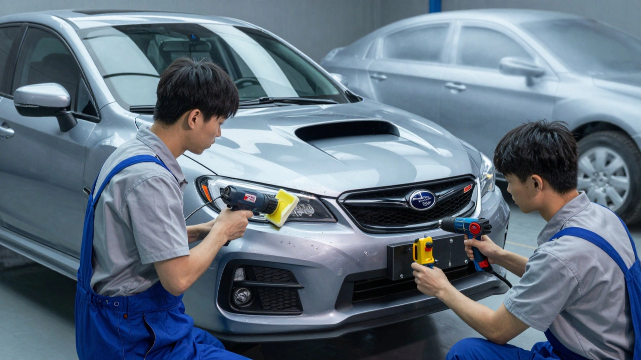 Professional technicians mounting a body kit on a Subaru WRX using heat guns and clamps.
