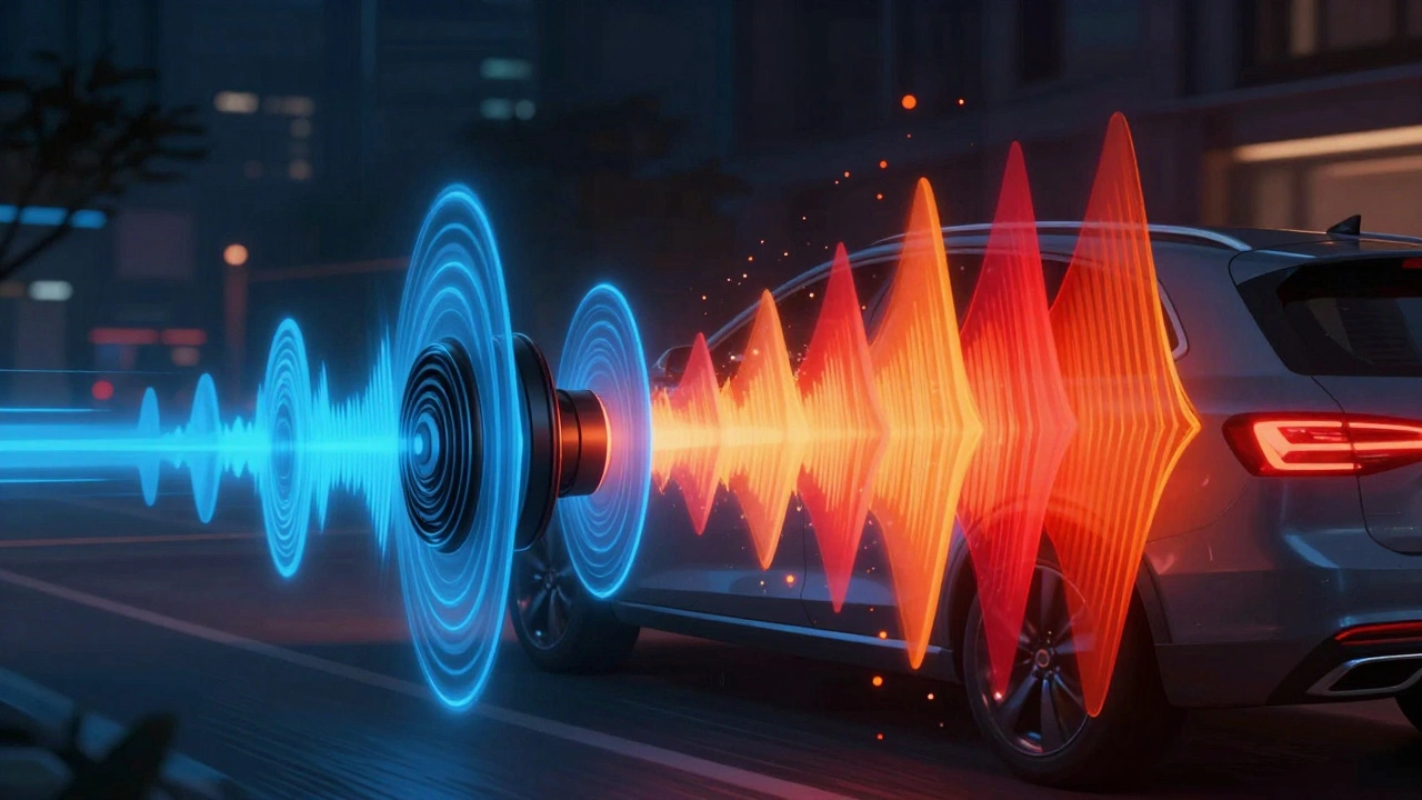 Sound waves visualized as colored ripples, showing frequency cancellation and release after resonator removal.