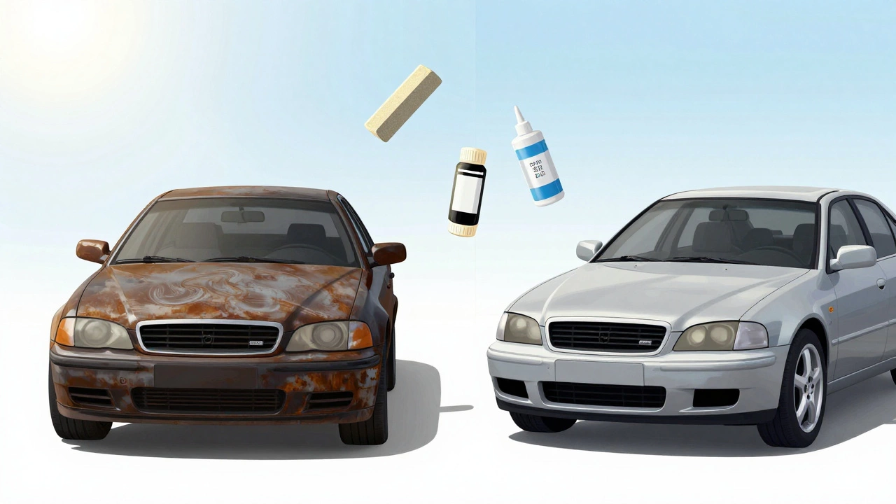 Split image: dull car hood vs. restored shine, with detailing tools floating between them.