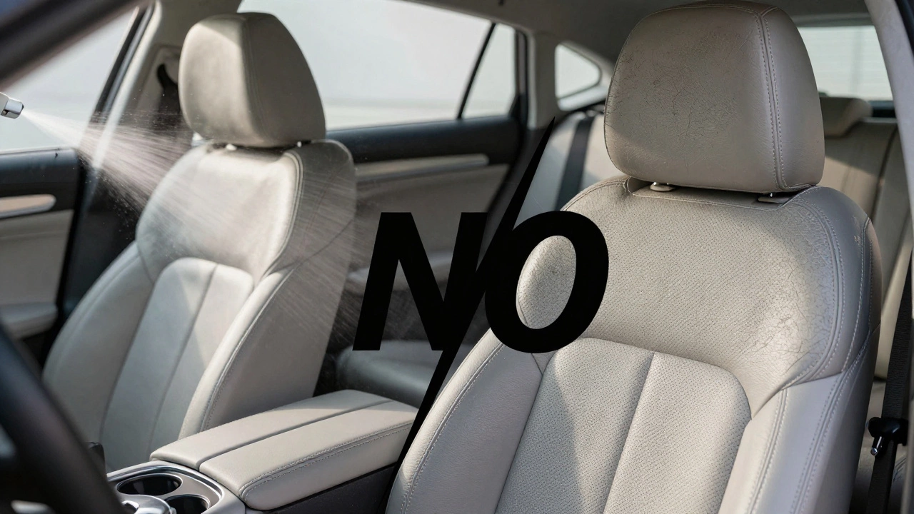 Split image: pristine car interior vs. damaged one from harsh cleaners, with protectant spray.