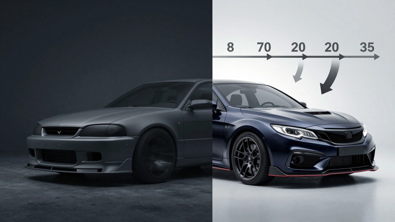 Split image showing a car transforming from stock to custom with a body kit installation.