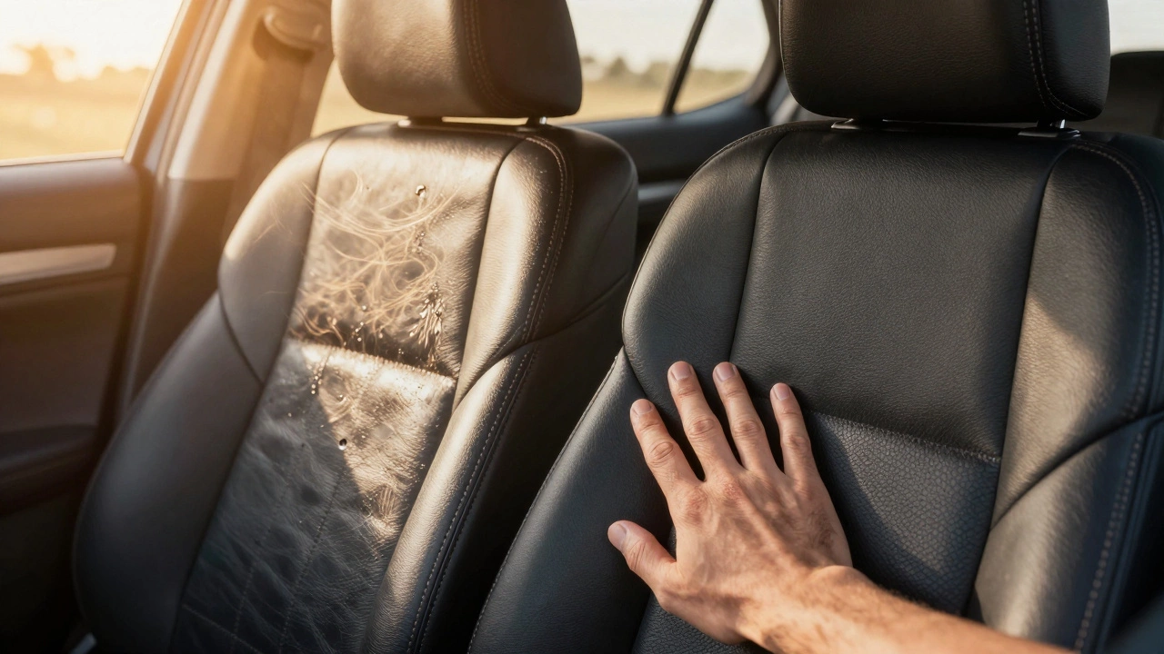 Split image showing leather heating up versus vinyl staying cool under intense sunlight in a car.