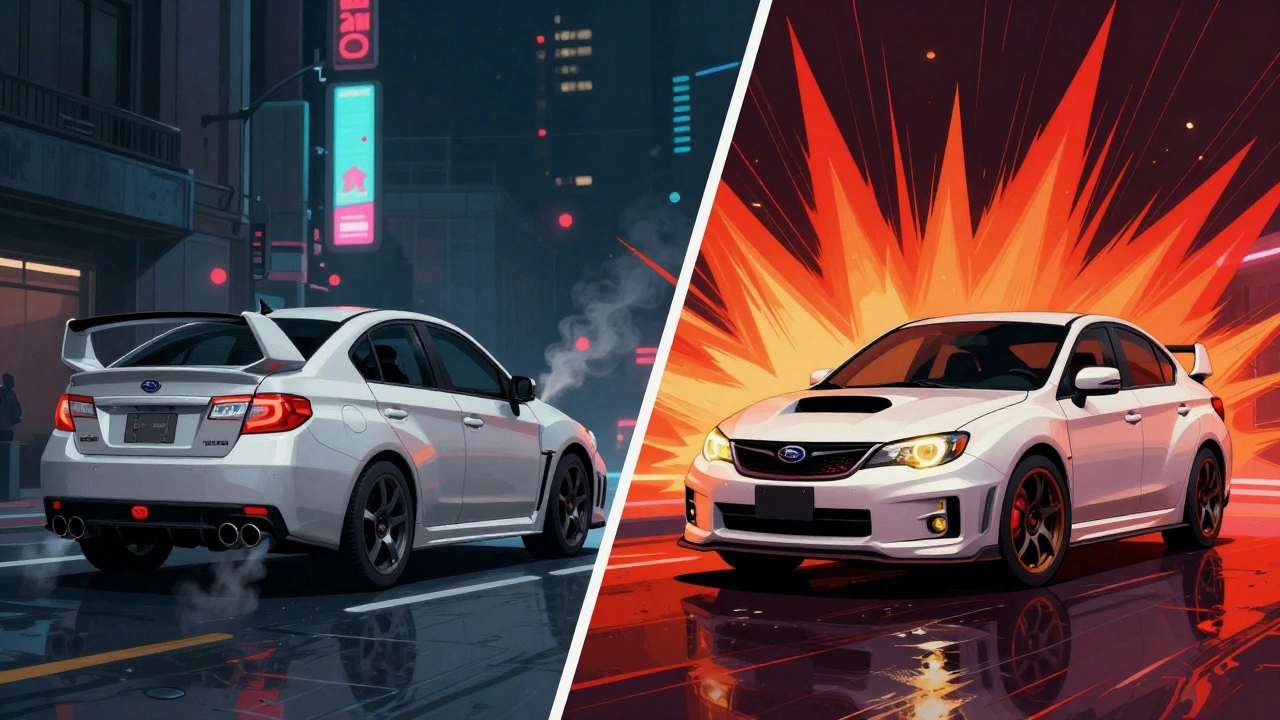 Split-screen of quiet vs. loud Subaru WRX exhaust systems with sound waves radiating outward.