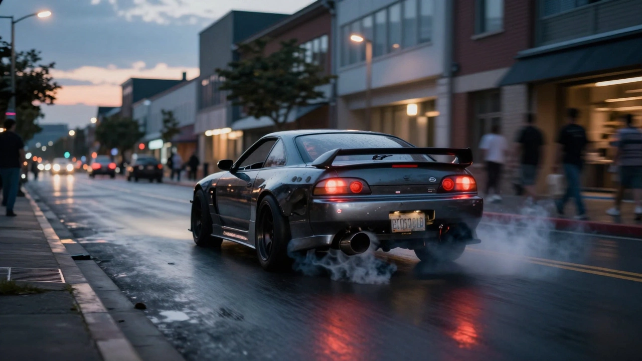 Sports car accelerating at dusk with deep exhaust rumble, fumes swirling on wet street.