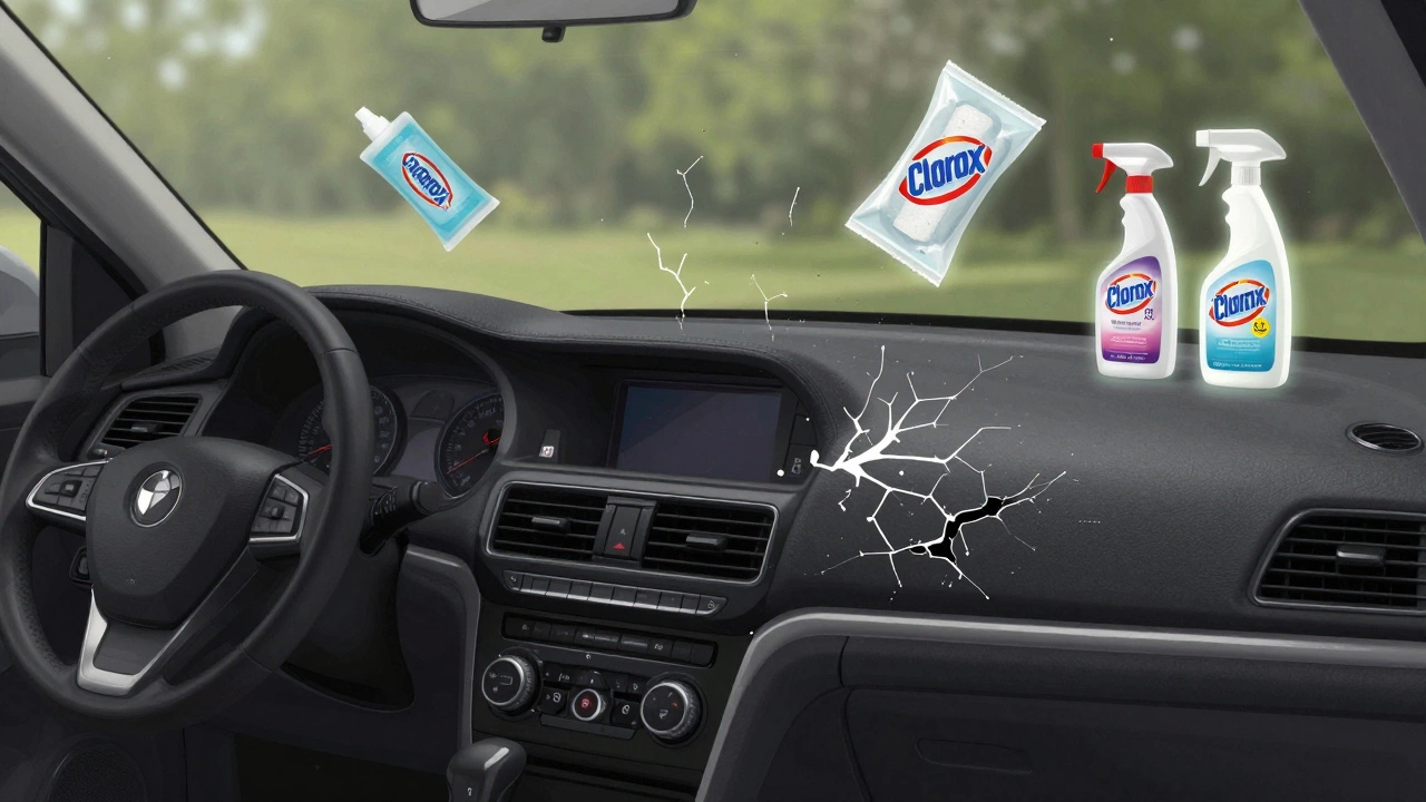 Surreal depiction of chemicals causing cracks in car interior surfaces under extreme heat.
