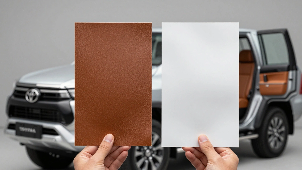 Technician holding leather and vinyl swatches side by side, illustrating Katzkin's material blend.