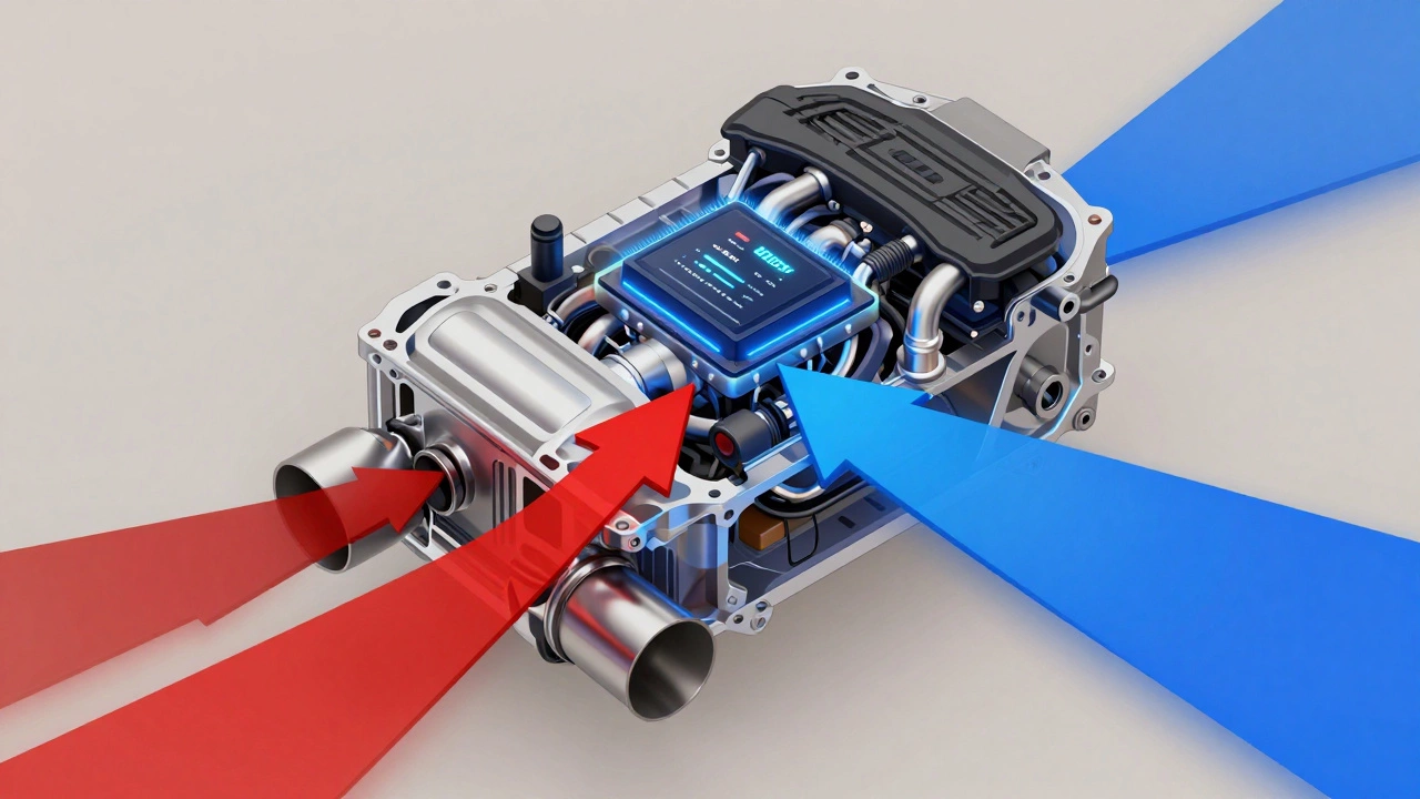 Transparent engine diagram showing restricted vs. optimized exhaust airflow with ECU adjustments.