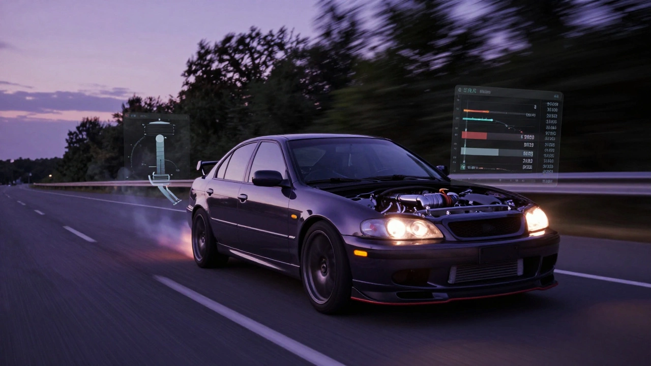 Turbo car speeding on a road with digital performance data floating beside it.