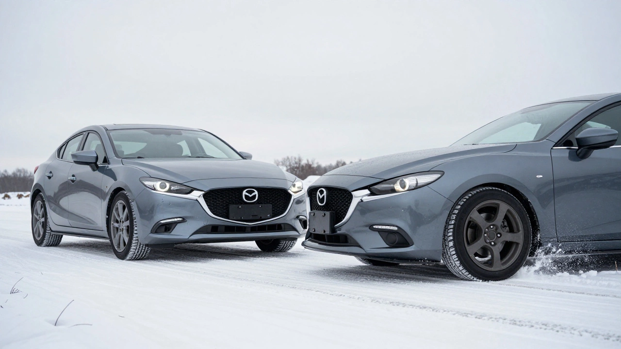 Two cars side by side: one stock on snow, one lowered scraping a speed bump, highlighting winter driving risks.