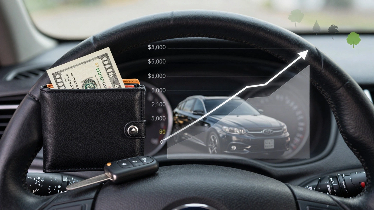 Wallet and car key beside a clean dashboard, with value growth graph overlay reflecting car's enhanced worth.