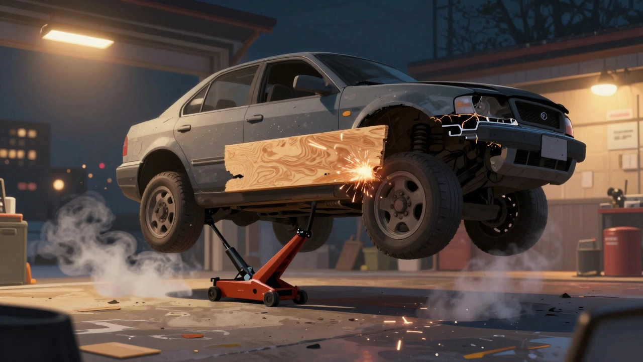 A car lifted by a jack with plywood under its broken rear diffuser, wheels starting to roll.