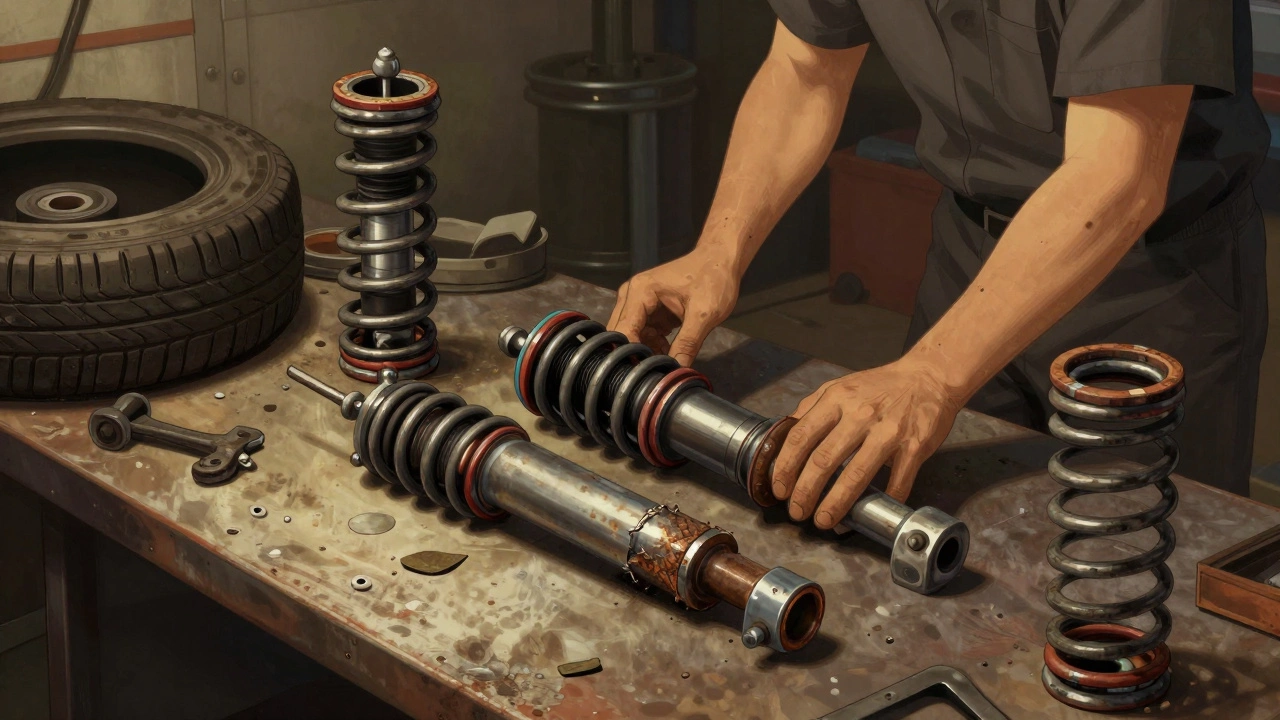 A mechanic inspecting damaged suspension parts from a lowered car in a garage.