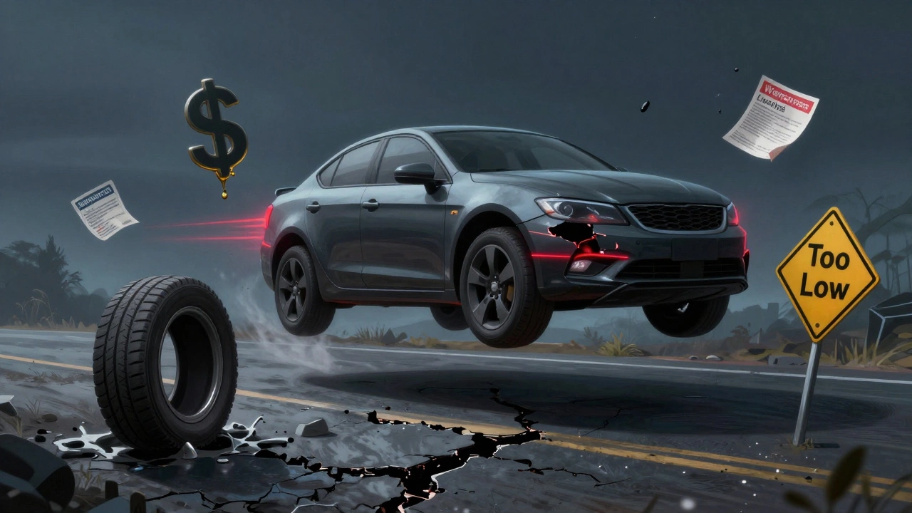 A sleek car floating above a cracked road with symbolic warnings of cost and failure.