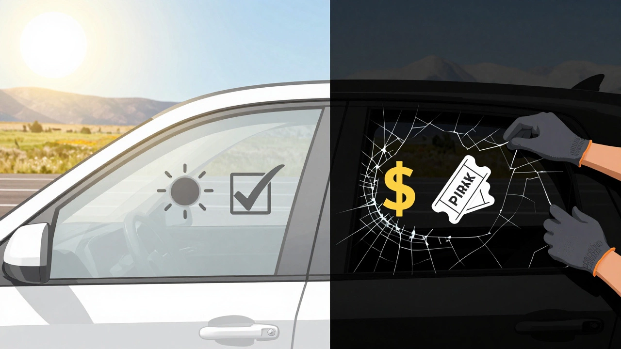 Clean window beside a removed dark tint, symbolizing legal compliance vs. violation.