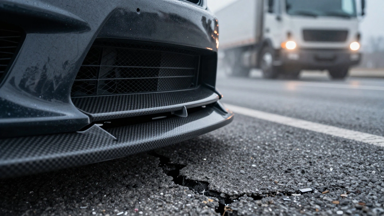 Close-up of a snapped carbon-fiber front lip embedded in asphalt, with tow truck lights in background.