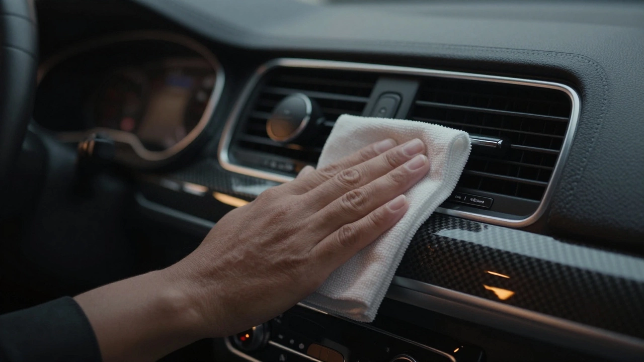 Close-up of carbon fiber dashboard trim and leather-scented diffuser with soft ambient lighting reflecting on polished surfaces.
