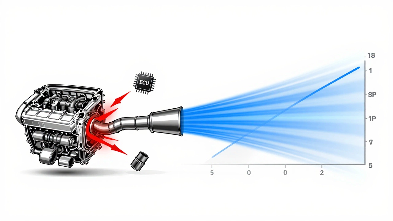 Conceptual diagram showing restricted vs. free exhaust flow with power gain indicators.