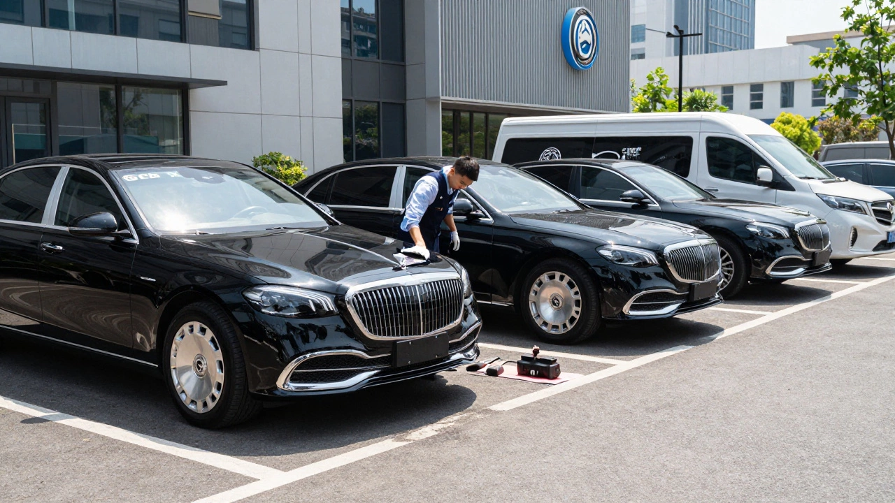 Detailer servicing a fleet of luxury cars in an urban parking lot during daytime.