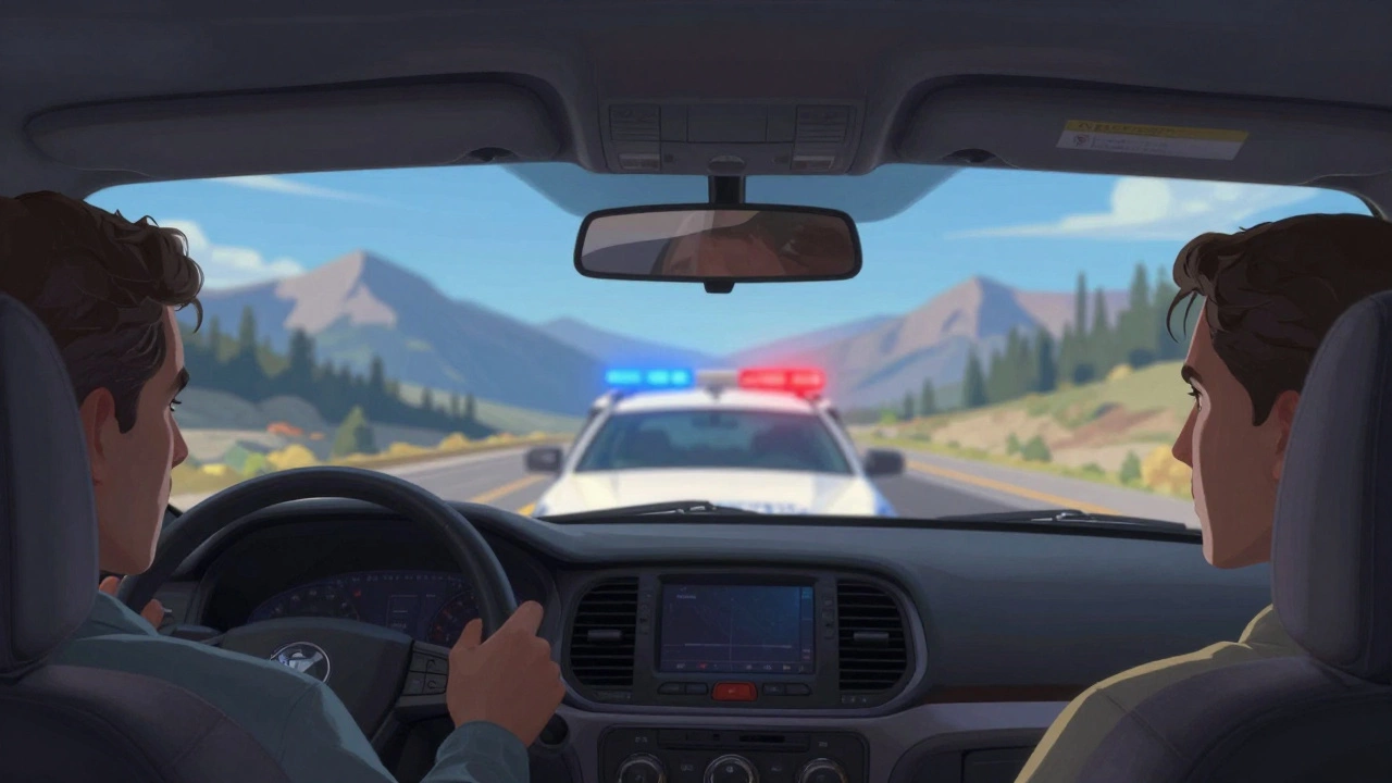 Driver in a sedan nervously looking in the mirror as police lights reflect off the windshield.