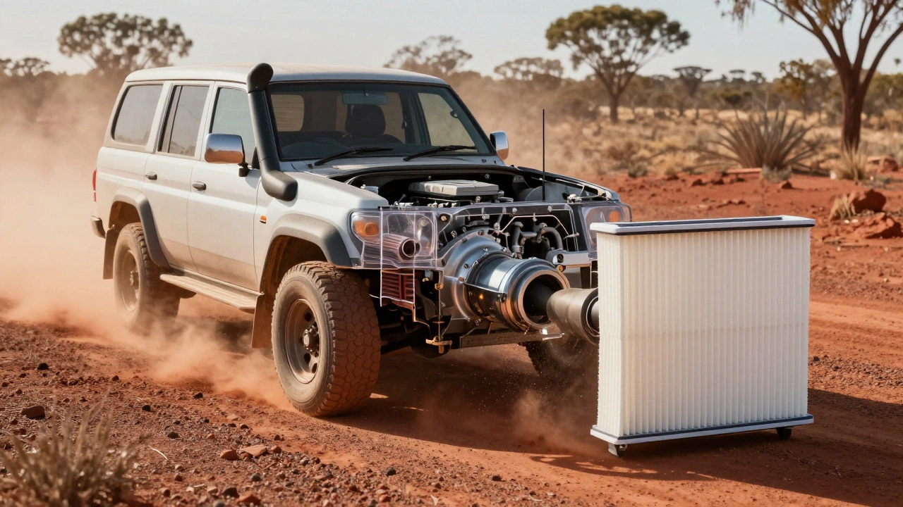Dusty off-road vehicle with cutaway showing engine air filter letting in particles
