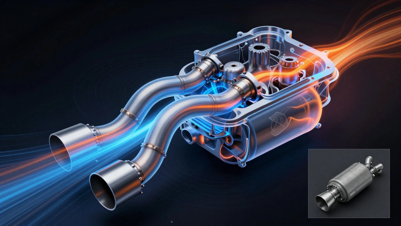 Flow visualization of optimized exhaust gases through custom headers and muffler.
