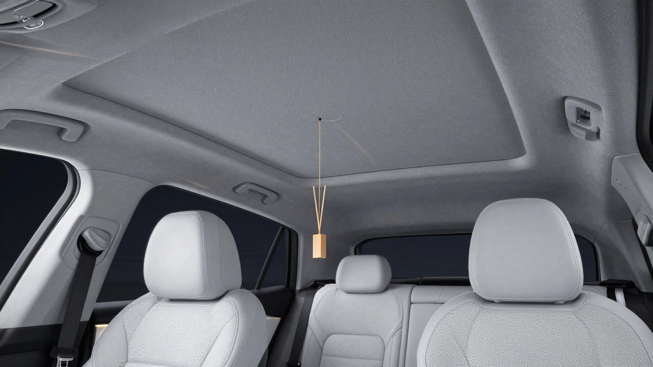 Freshly installed gray headliner with ambient LED glow and subtle diffuser, creating a serene, high-end cabin atmosphere at night.