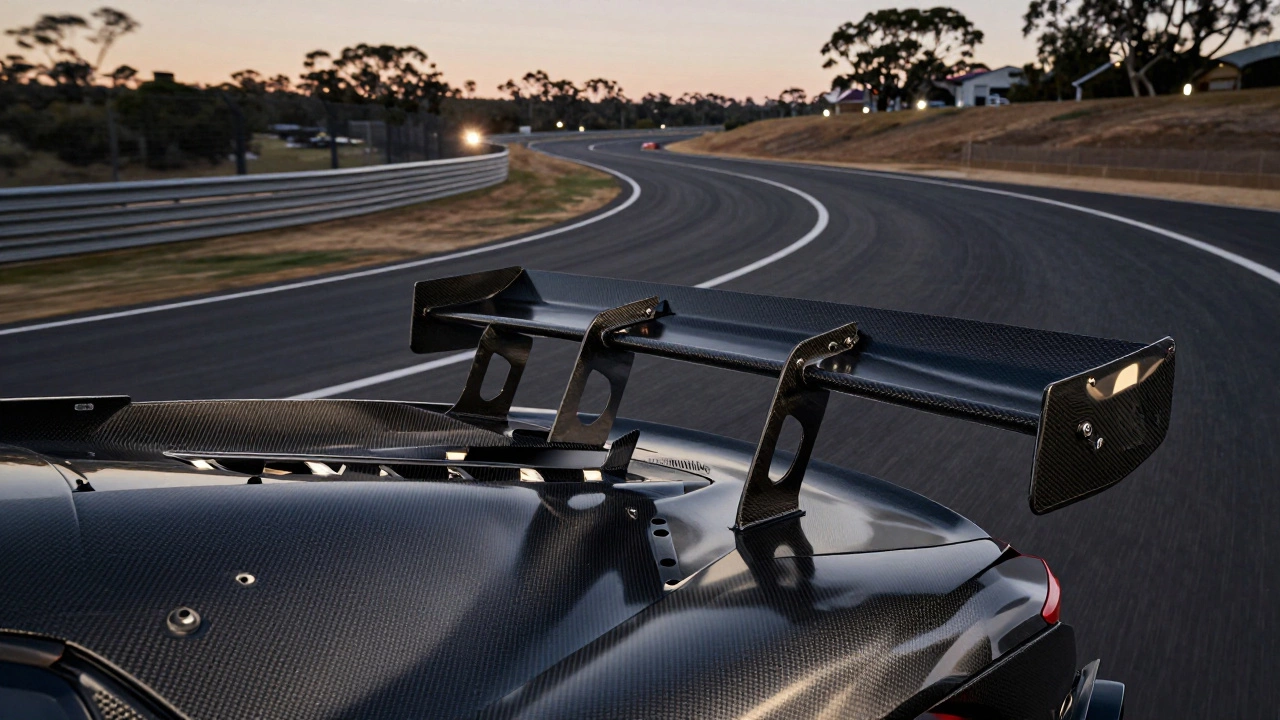 High-end adjustable carbon spoiler on a race car at dusk with highway motion blur in background.
