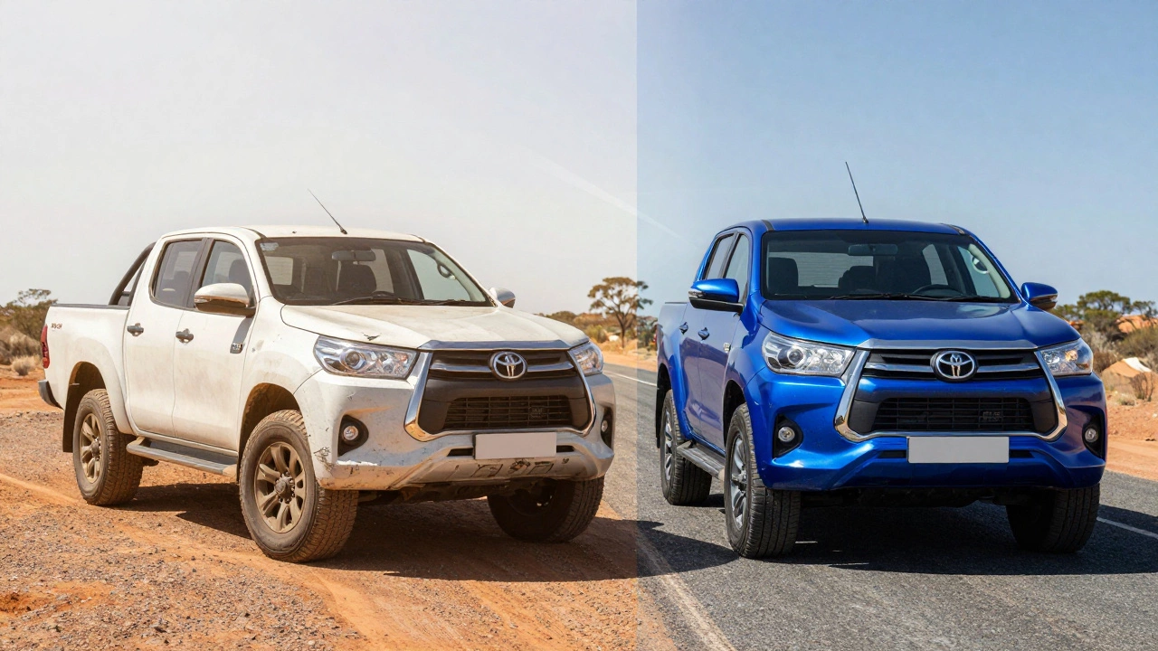 Split image: faded painted truck vs vibrant wrapped truck under Australian sun, wrap blocking UV damage.